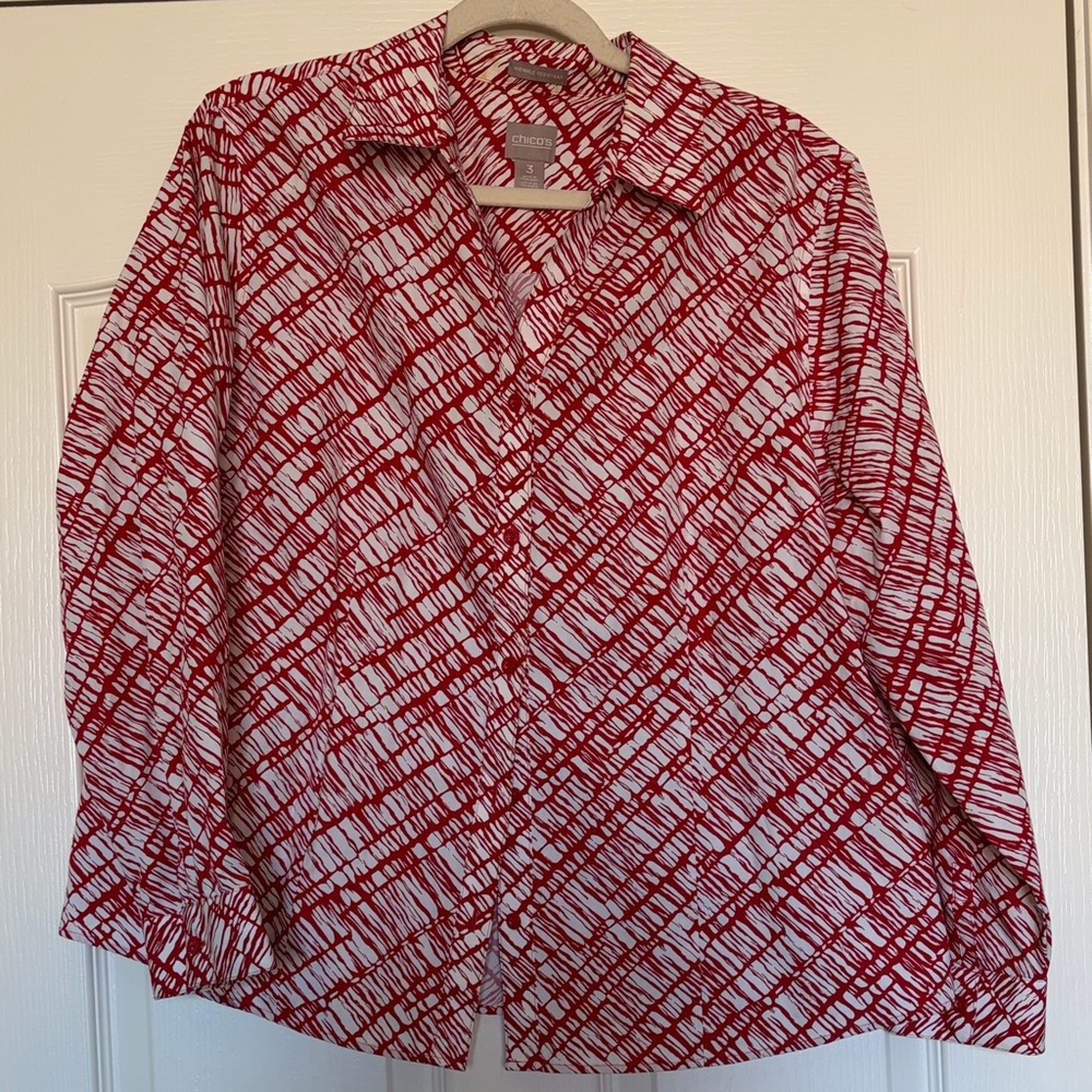 Chico's Red and White Striped pattern women wrinkle resistant sz 3 Shirt blouse
